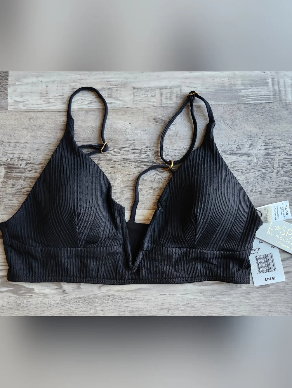 LSPACE Monica Wise Siren Bikini Top Black Ribbed Strappy NWT $114